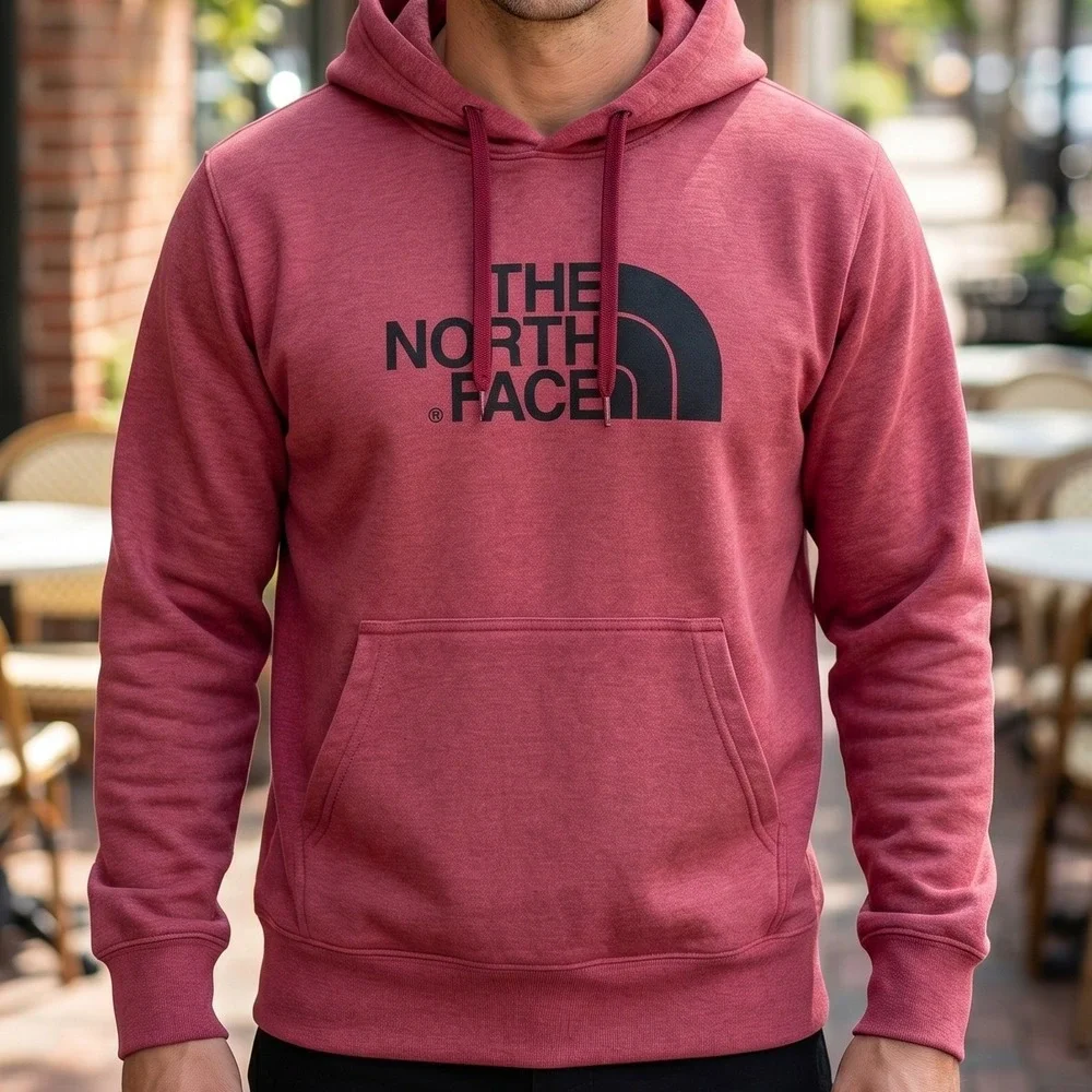 The North Face Mens Pullover Hoodie‎ Heathered Red Logo Fleece Sweatshirt